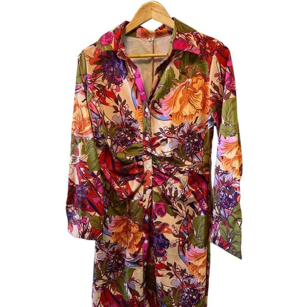 NWOT SHEIN Floral Button Up Long Midi Long Sleeve Dress M Pink/Green - Picture 4 of 12